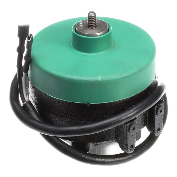 A Delfield 2160002 ECM fan motor with a green top, black base, and attached wiring.