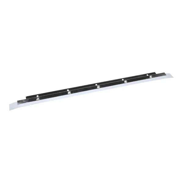 A metal door sweep assembly with mounting hardware.