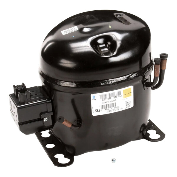 A black Tecumseh AE447 compressor for refrigeration, designed for 115V operation.