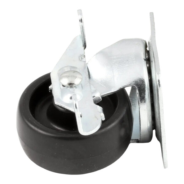 A swivel caster wheel with a brake and mounting plate, typically used for equipment mobility.