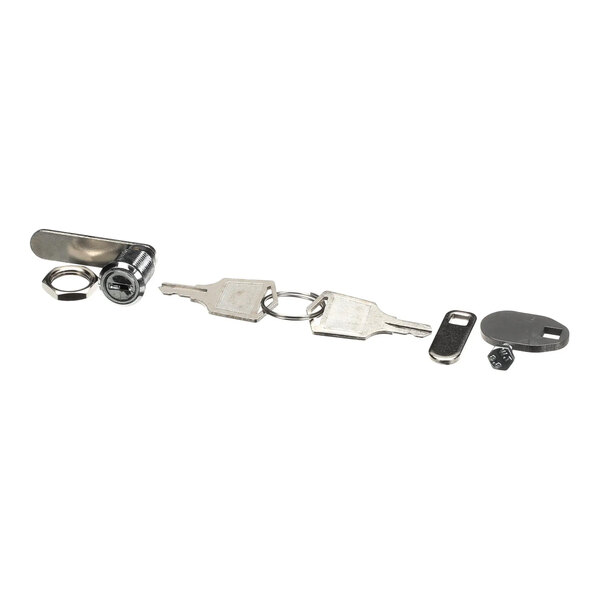 An assembly lock set with a shroud, two keys, and related hardware components.