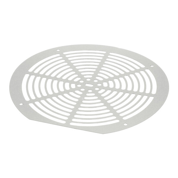 A round metal evaporator fan guard with a slotted design and mounting holes.