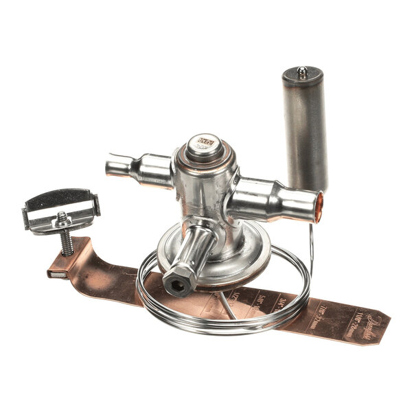 A metal thermo expansion valve with attached copper tubing and mounting hardware.