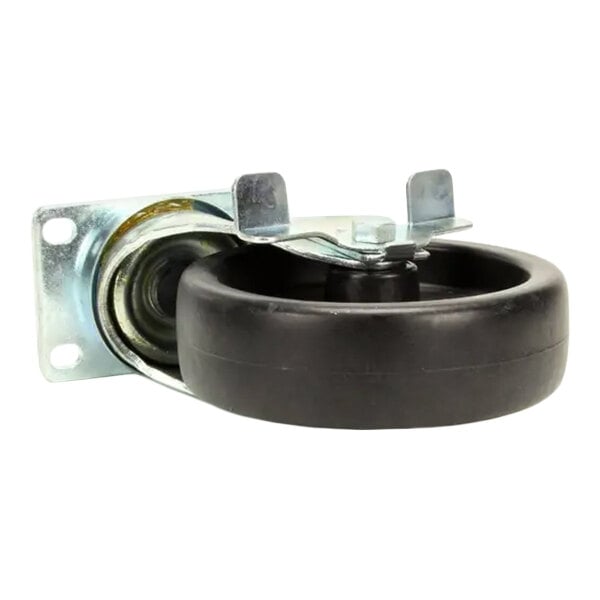 A swivel caster with a brake and a black rubber wheel mounted on a metal plate.