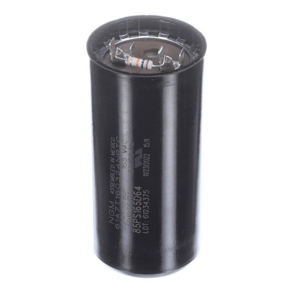 A cylindrical black start capacitor for use in refrigeration or HVAC equipment.