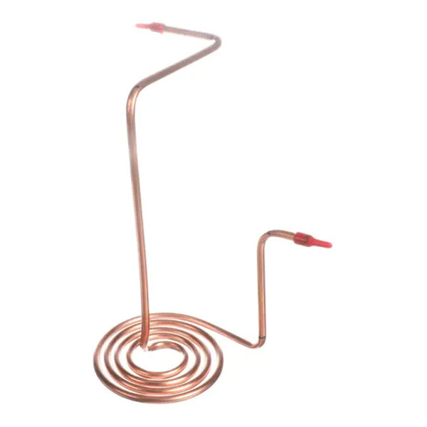 A coiled copper hot gas condenser tube with angled bends and red-capped ends.