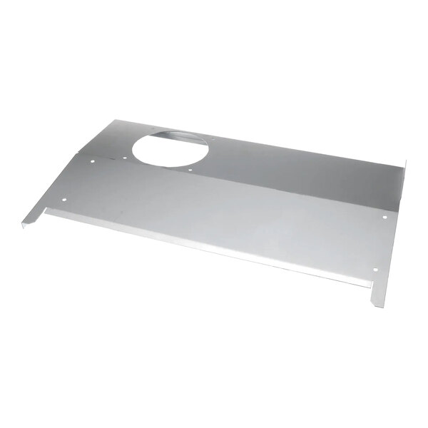 A metal angled side panel with a circular cutout and pre-drilled holes, designed for use with Delfield refrigeration units.