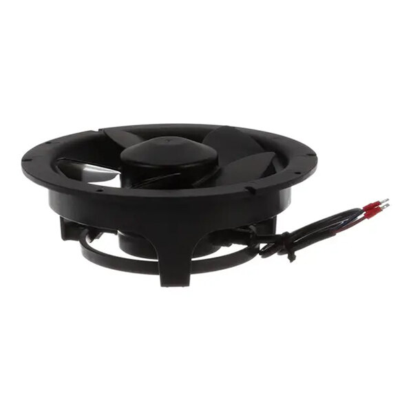 A black evaporator fan with attached wiring, designed for use in refrigeration units.
