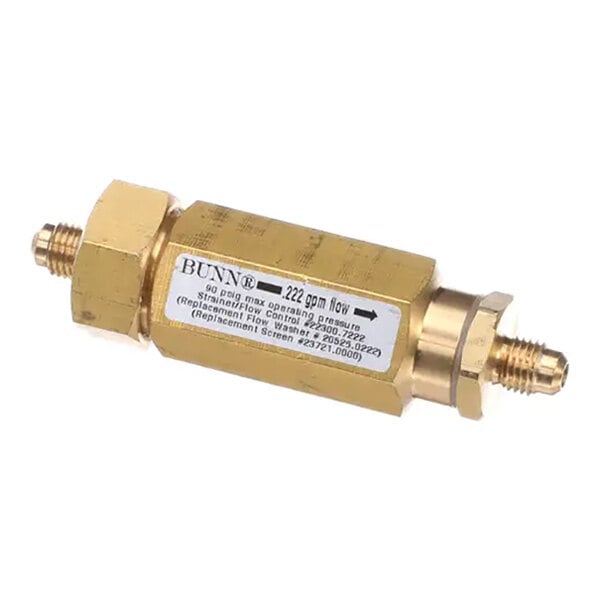 A brass strainer and flow control assembly with threaded connectors and a labeled specification sticker.