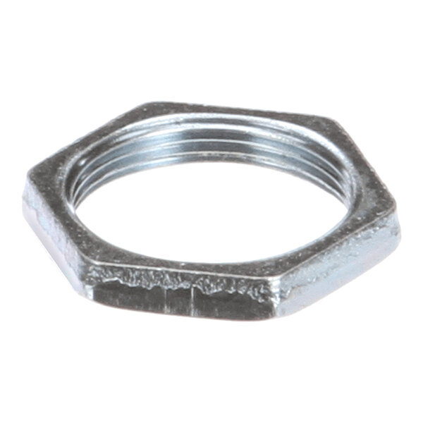 A metal hex nut with internal threading.