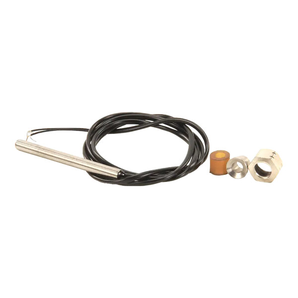 A temperature probe kit with a metal probe, black cable, and installation hardware.