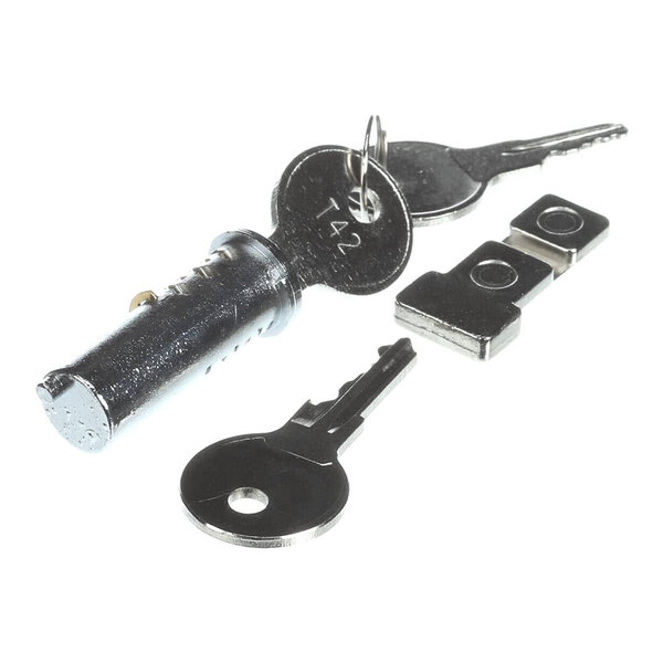 A chrome lock kit for True Refrigeration, including a lock cylinder, two keys, and mounting hardware.