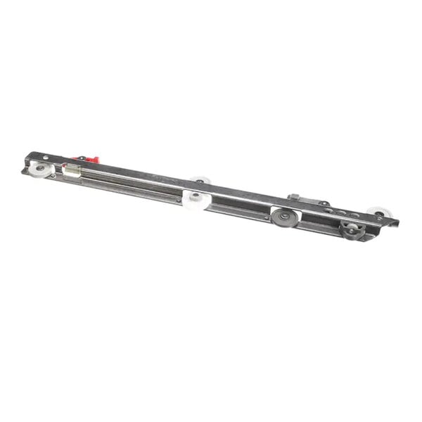 A metal drawer track with attached bearings and plastic rollers.