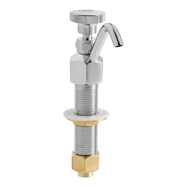A chrome T&S faucet with brass flow control and a gold handle.