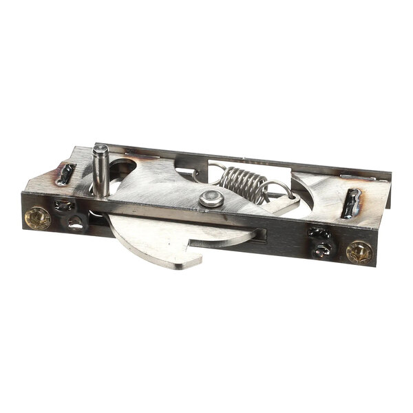 A metal latch assembly for a door, featuring a spring mechanism and mounting hardware.