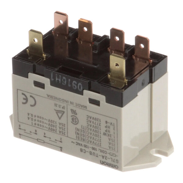 A rectangular electrical relay with multiple metal terminals and labeled specifications on the side.