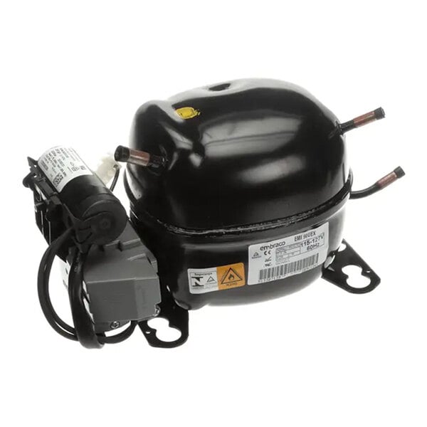 A black Embraco R290 compressor for refrigeration equipment, model EMI90, with attached electrical components.