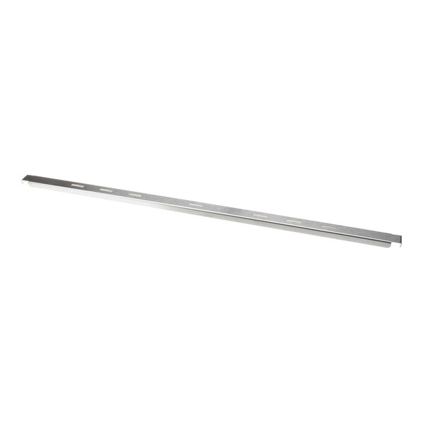 A long, narrow stainless steel pan support bar with evenly spaced slots.