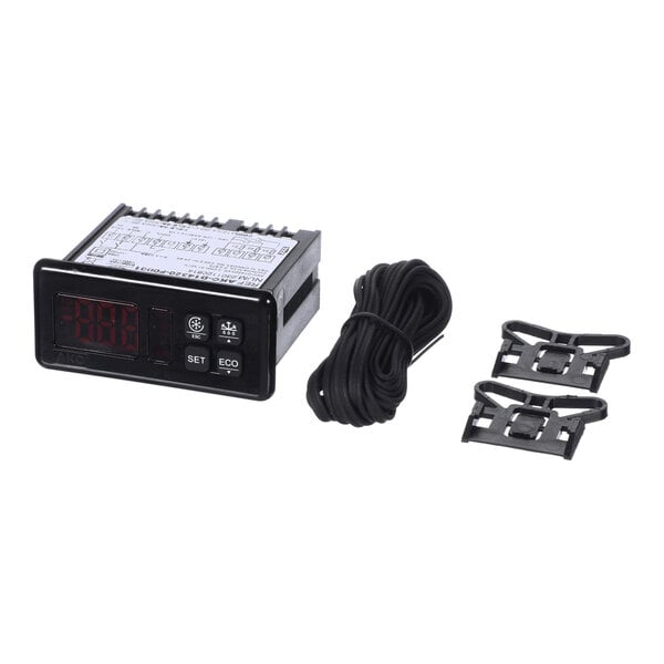 A digital freezer control unit with a display, wiring, and mounting brackets.