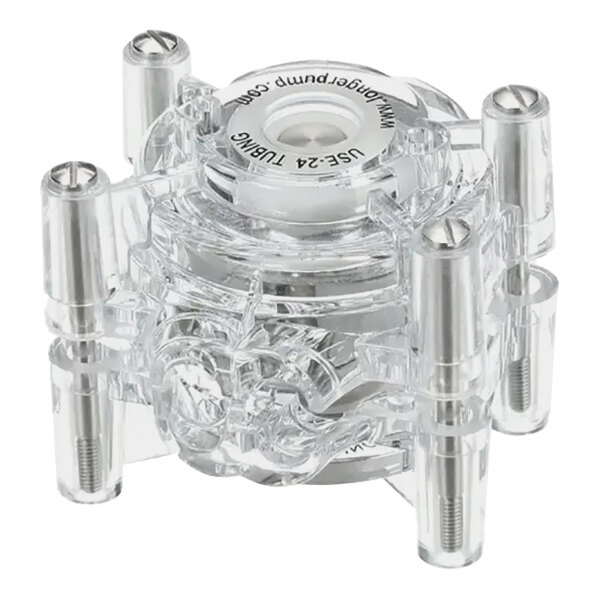 A clear peristaltic pump head assembly with metal fasteners, designed for use with L/S24 tubing.