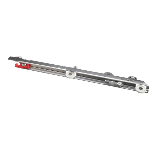 A metal left drawer track with white rollers and a red end piece.