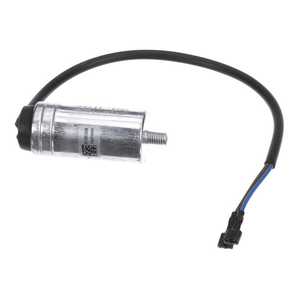 A cylindrical run capacitor with an attached black wire and connector, used for electrical applications.
