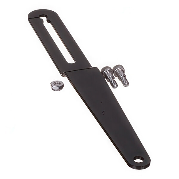 A black door check hold kit for True Refrigeration, including a metal bracket and mounting hardware.