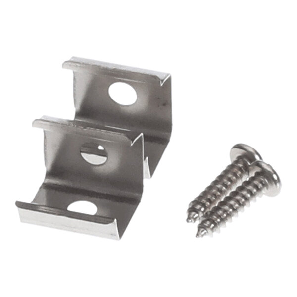 A set of two metal mounting clips and two screws for securing components, typically used in refrigeration or appliance installations.