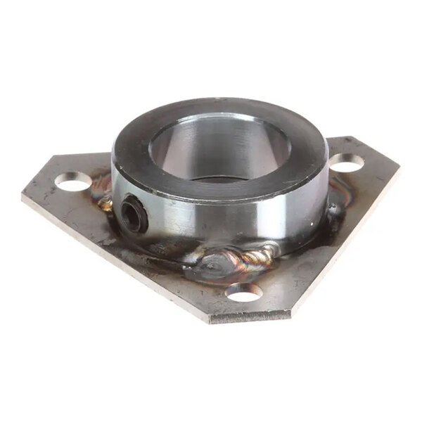 A metal weldment adjustable plate with a circular collar and three mounting holes.