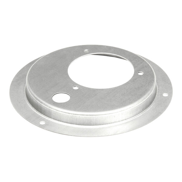 A round, shallow metal evaporator motor base with multiple holes, designed for True Refrigeration units.