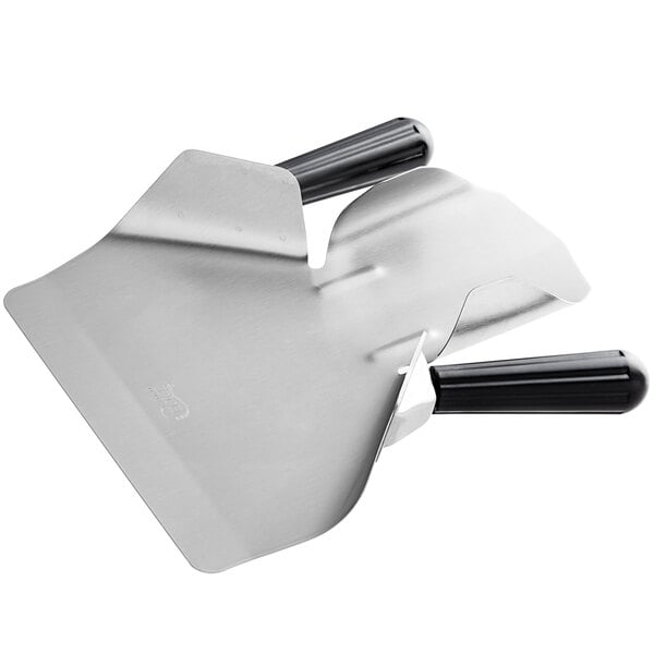 A stainless steel dual handle French fry scoop with black handles.