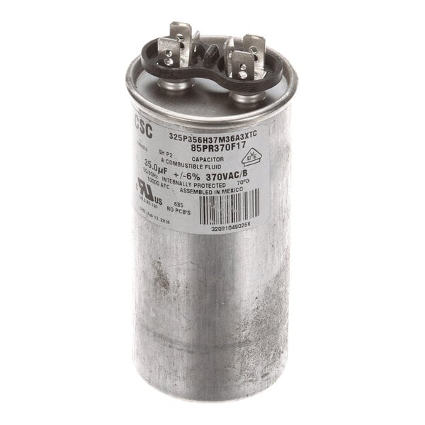 A cylindrical metal run capacitor with electrical terminals on top, labeled as Beverage-Air 316-009D Run Cap 85Pr370F17.