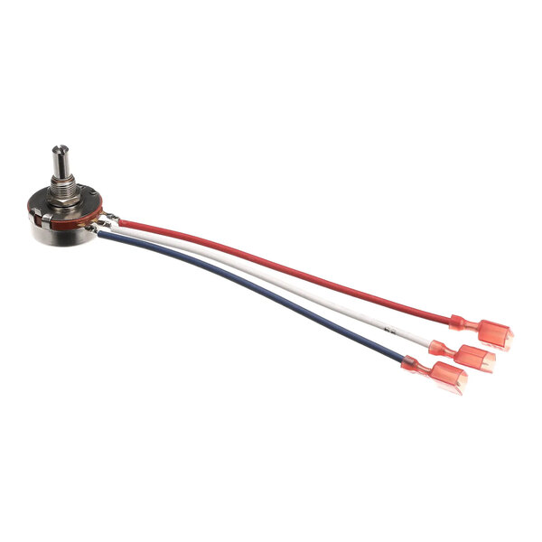 A Frymaster potentiometer with leads, rated at 50K ohms, featuring three attached colored wires with connectors.
