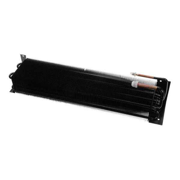 A black three-row evaporator coil for refrigeration units.