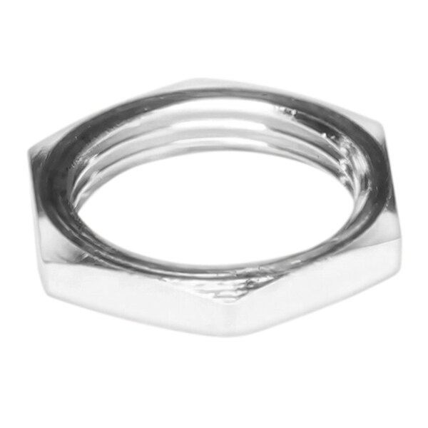 A hexagonal nickel-plated facenut.