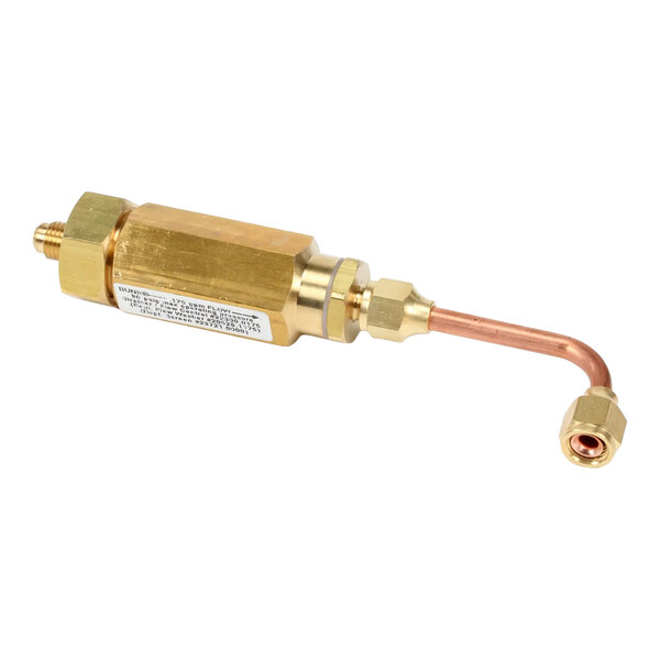 A brass and copper flow control valve with tubing, used for regulating water flow in beverage equipment.