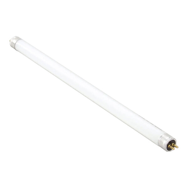 A fluorescent lamp tube with metal end caps and two prongs on each end.