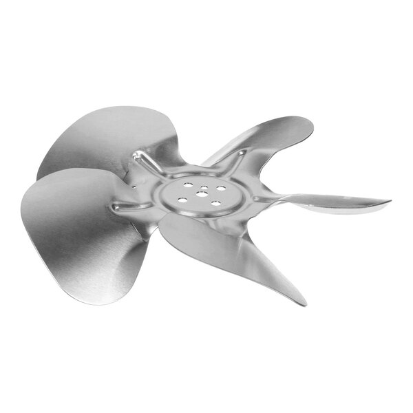 A metal fan blade with four curved blades and a central mounting hub.