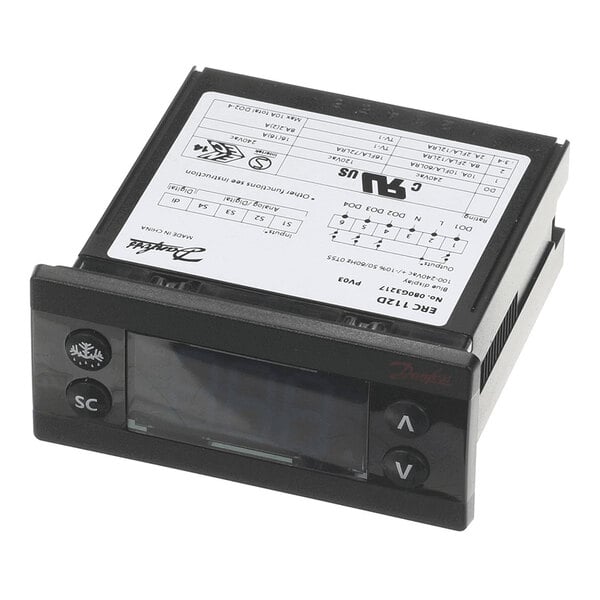 A digital control unit for refrigeration systems, specifically the Danfoss ERC 112D model.