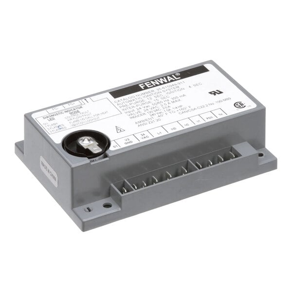 A rectangular Fenwal ignition module with labeled terminals and a diagnostic indicator, used for controlling gas ignition systems.