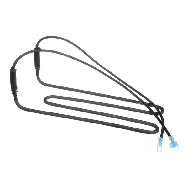 A black defrost heater element with attached wires and blue connectors, designed for Beverage-Air refrigeration units.