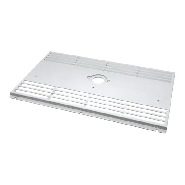 A rectangular metal airflow cover with vented slats and a central circular cutout.