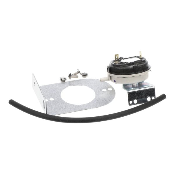 A pressure switch assembly kit with a metal bracket, screws, a black hose, and an electrical switch component.
