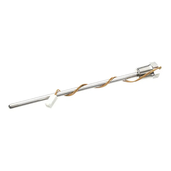 A metal temperature sensor probe with a coiled wire and connector attached.