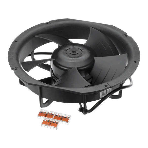 A black fan motor retrofit kit for refrigeration units, including electrical connectors.