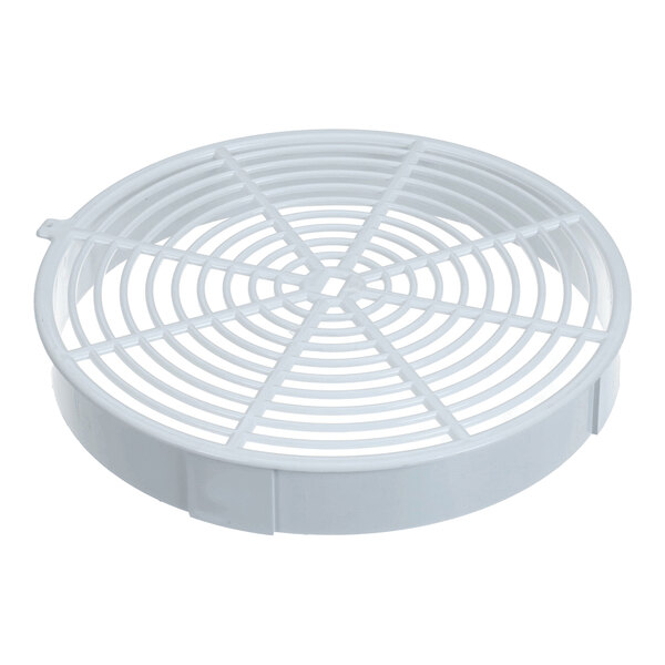 A round white evaporator fan cover with a grid design, measuring 9.070 inches in diameter.