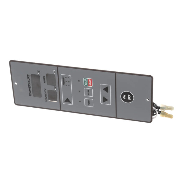 A rectangular electronic control panel with buttons and display screens, labeled for temperature, humidity, and timer functions.