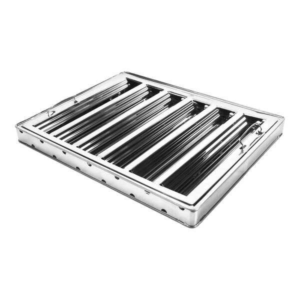A stainless steel baffle filter for commercial kitchen ventilation systems.