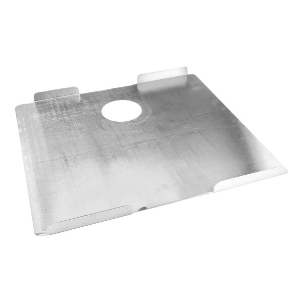 A rectangular sheet metal filter vat cover with a circular cutout and raised edges.