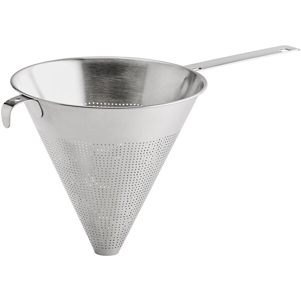 A stainless steel conical strainer with a long handle and perforated body.